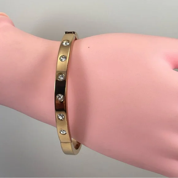 Vintage Ann Klein Rose Gold Tone Rhinestone Fold Over Clasp Bangle Bracelet